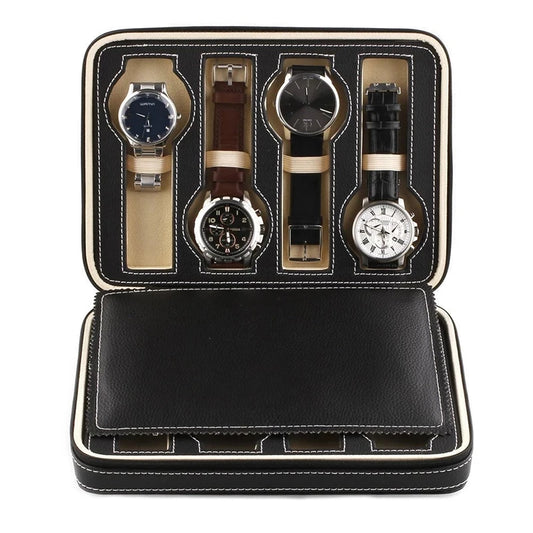 Black Faux Leather Watch Display Storage Box Watched Case 2/4/8 Grids Tray Zippered Travel Watch Collector Case